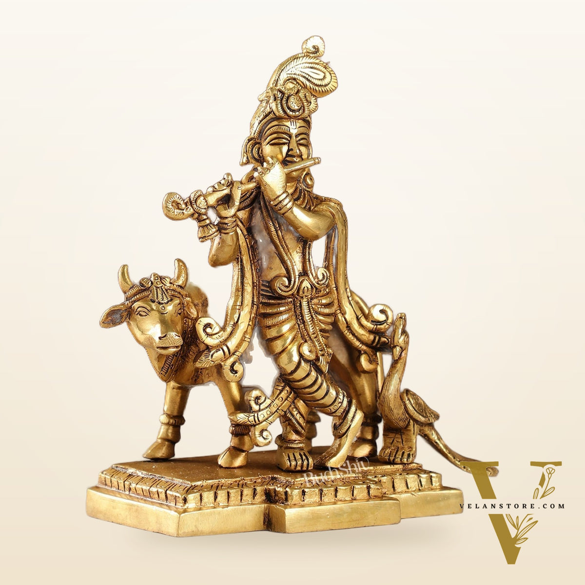 Unique Krishna Playing Flute with Cow and Peacock | Superfine Brass | 8" Height