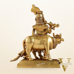 Unique Krishna Playing Flute with Cow and Peacock | Superfine Brass | 8" Height