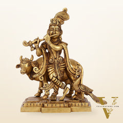 Unique Krishna Playing Flute with Cow and Peacock | Superfine Brass | 8" Height
