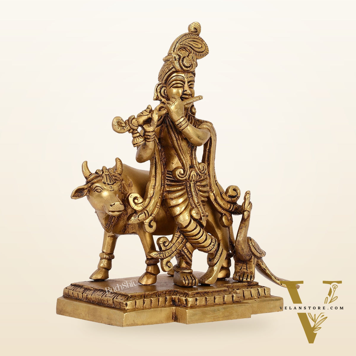 Unique Krishna Playing Flute with Cow and Peacock | Superfine Brass | 8" Height