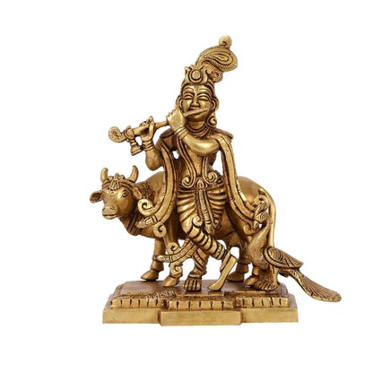 Unique Krishna Playing Flute with Cow and Peacock | Superfine Brass | 8" Height