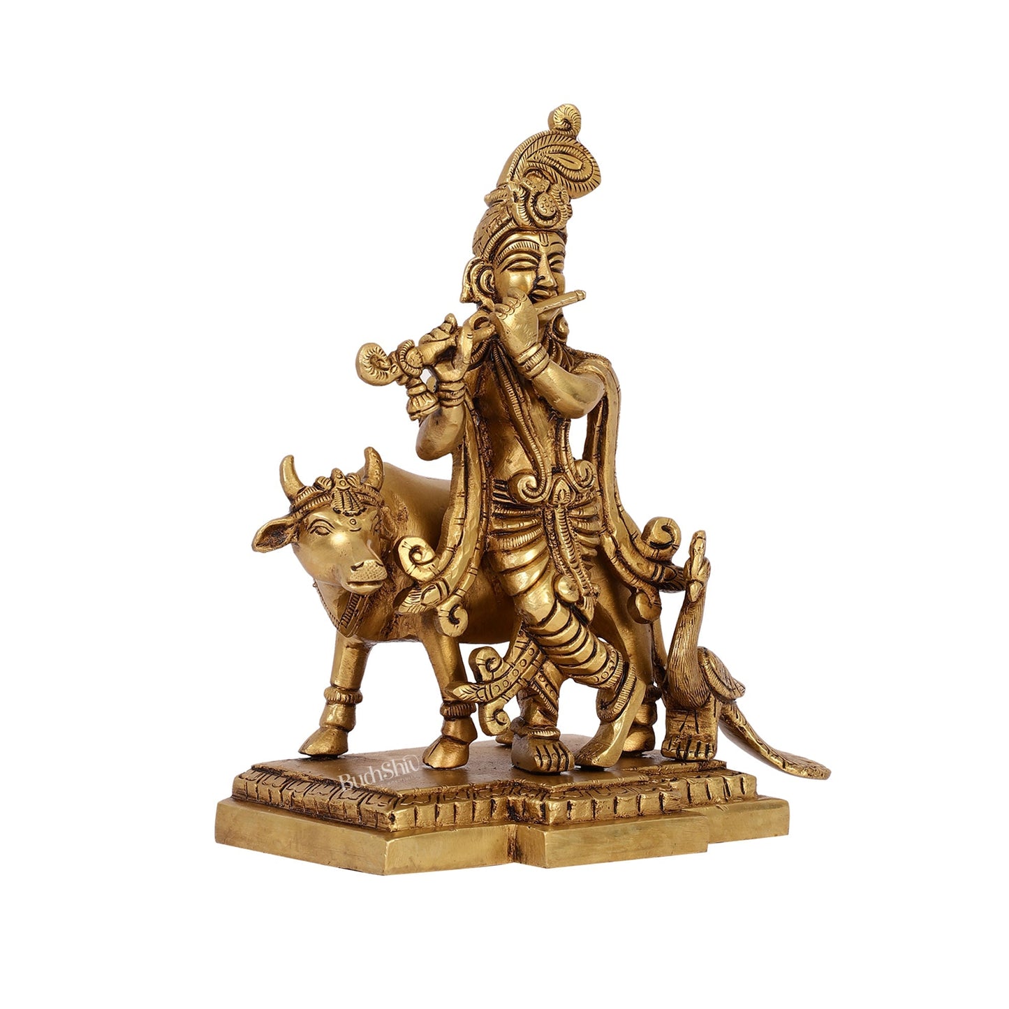Unique Krishna Playing Flute with Cow and Peacock | Superfine Brass | 8" Height
