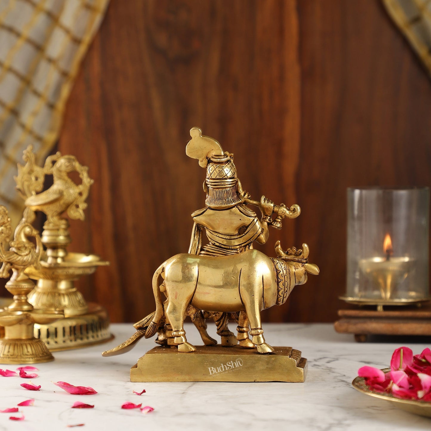 Unique Krishna Playing Flute with Cow and Peacock | Superfine Brass | 8" Height