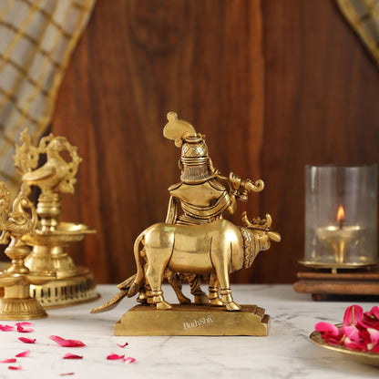Unique Krishna Playing Flute with Cow and Peacock | Superfine Brass | 8" Height