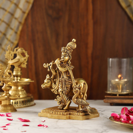 Unique Krishna Playing Flute with Cow and Peacock | Superfine Brass | 8" Height