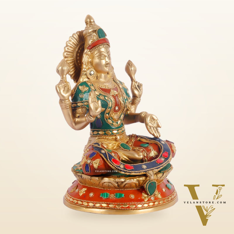 Unique Lakshmi Mata Statue with Stonework, 9" Height