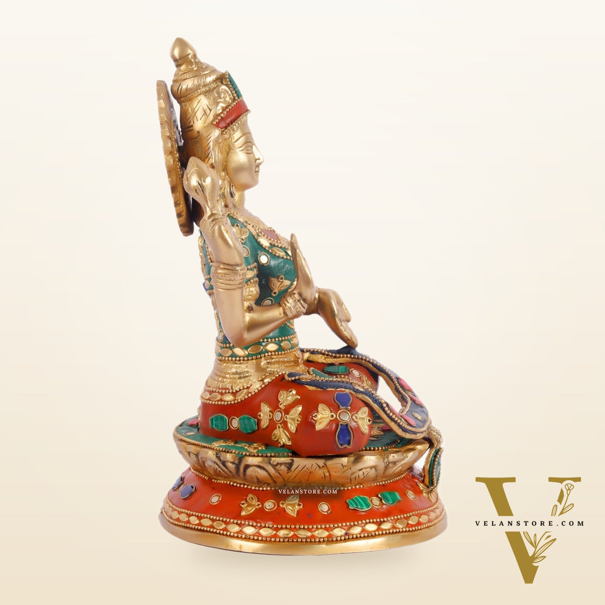 Unique Lakshmi Mata Statue with Stonework, 9" Height