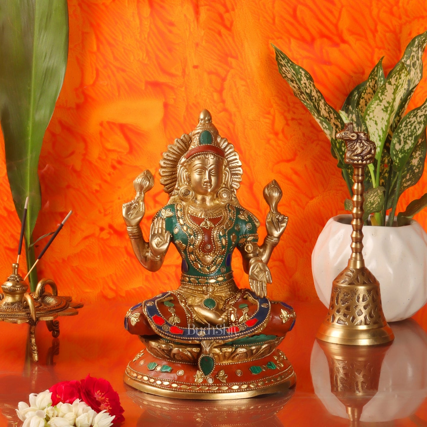Unique Lakshmi Mata Statue with Stonework, 9" Height