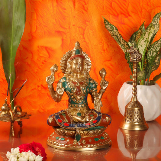Unique Lakshmi Mata Statue with Stonework, 9" Height