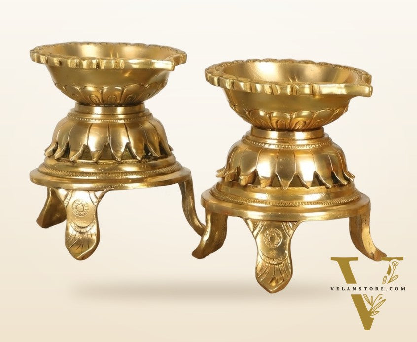 Unique Lotus Petal Base Pure Fine Brass Diya with Stand