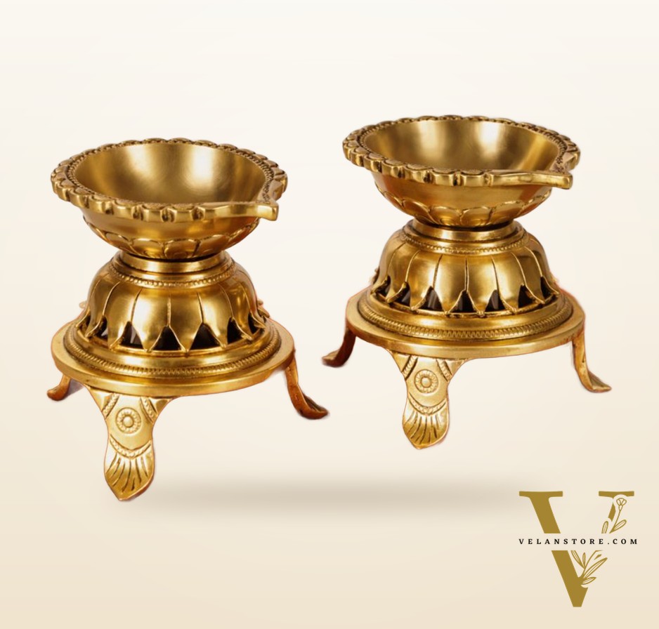 Unique Lotus Petal Base Pure Fine Brass Diya with Stand