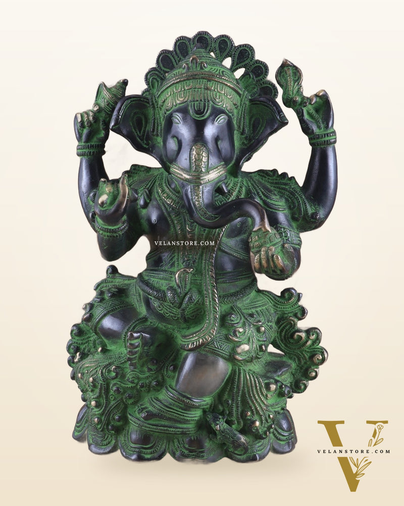 Unique Pure Brass Lord Ganesha Idol with Black and Green Patina Finish 7.5"