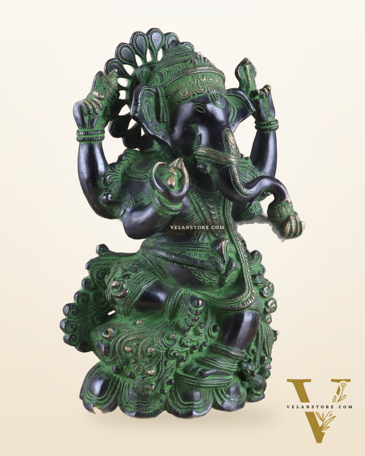 Unique Pure Brass Lord Ganesha Idol with Black and Green Patina Finish 7.5"