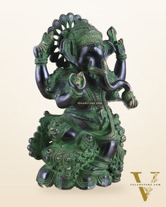 Unique Pure Brass Lord Ganesha Idol with Black and Green Patina Finish 7.5"