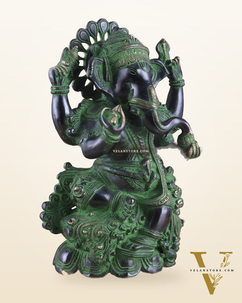 Unique Pure Brass Lord Ganesha Idol with Black and Green Patina Finish 7.5"