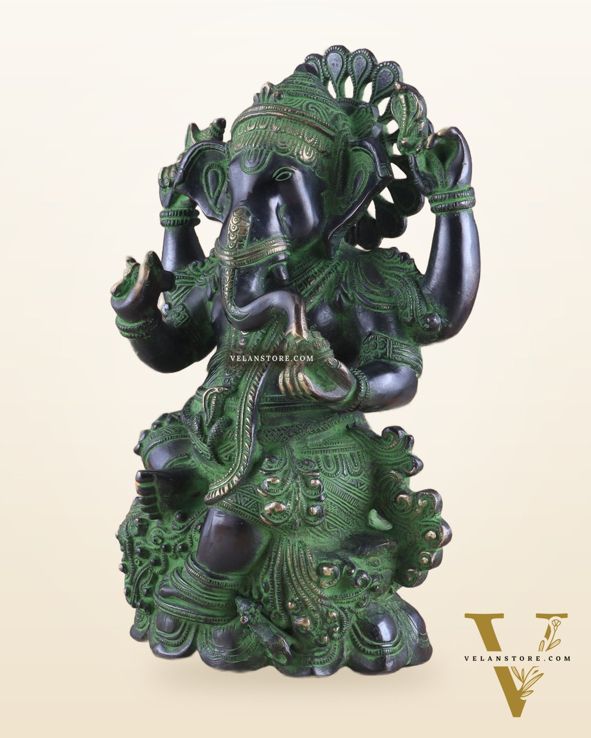 Unique Pure Brass Lord Ganesha Idol with Black and Green Patina Finish 7.5"