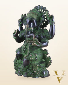Unique Pure Brass Lord Ganesha Idol with Black and Green Patina Finish 7.5"