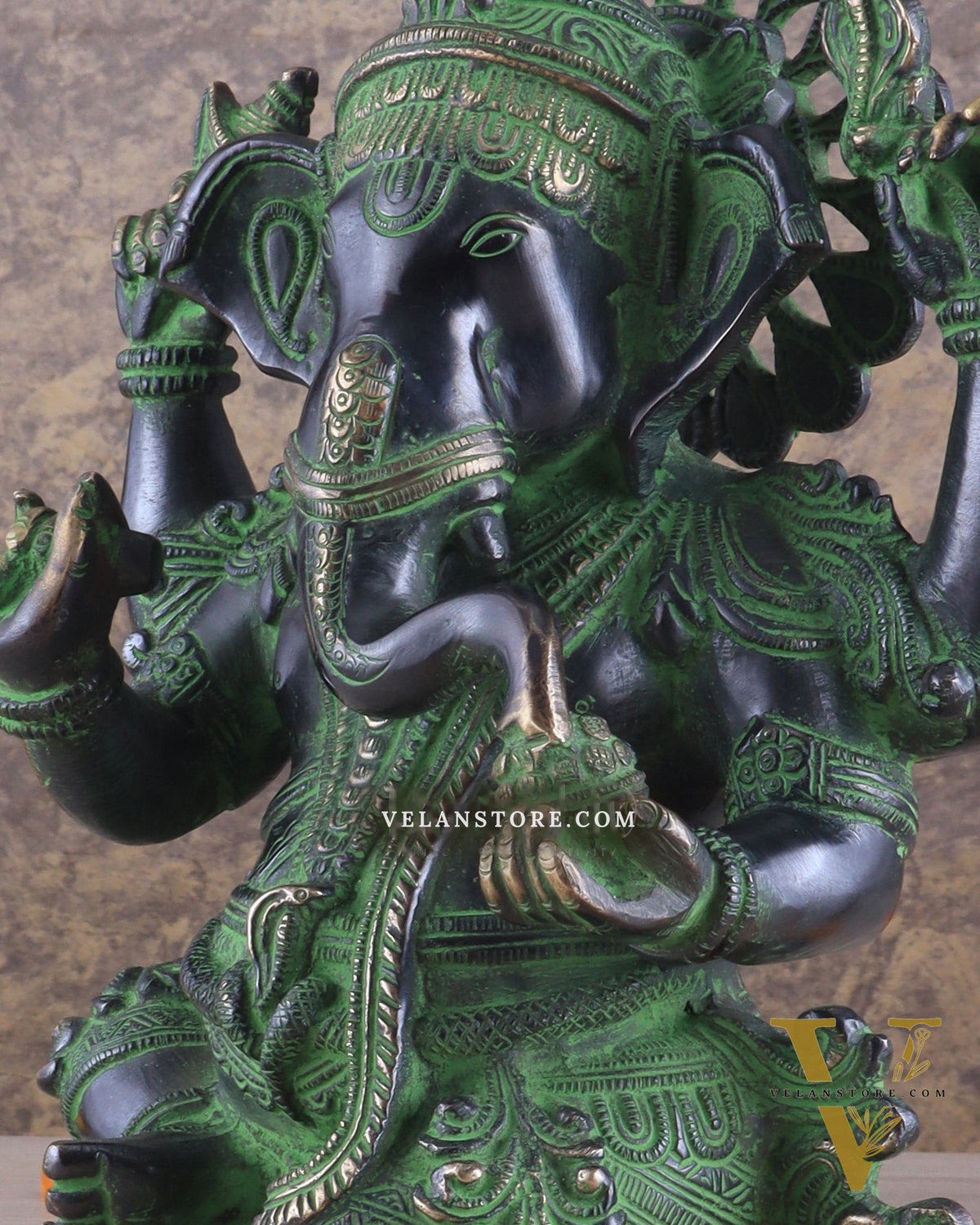 Unique Pure Brass Lord Ganesha Idol with Black and Green Patina Finish 7.5"
