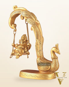 Unique Pure Brass Lord Ganesha on a Peacock Swing Idol
