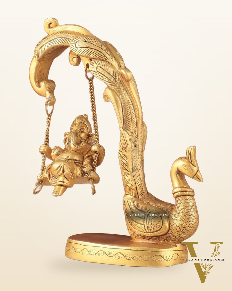 Unique Pure Brass Lord Ganesha on a Peacock Swing Idol