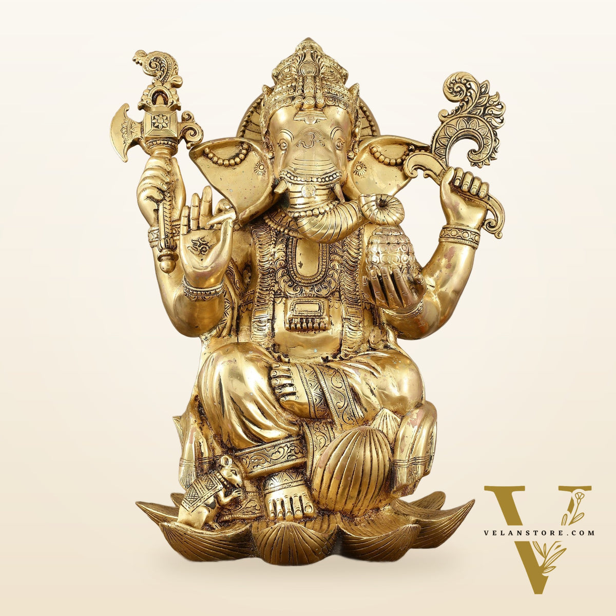 Unique Pure Brass Lord Ganesha Statue - Seated on Lotus, 22" Height