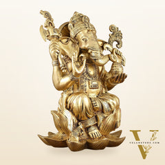 Unique Pure Brass Lord Ganesha Statue - Seated on Lotus, 22" Height