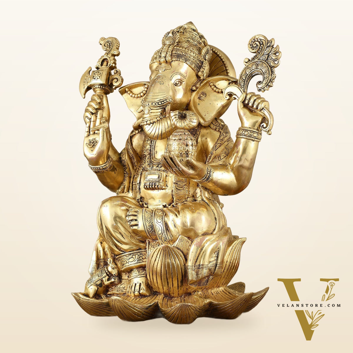 Unique Pure Brass Lord Ganesha Statue - Seated on Lotus, 22" Height