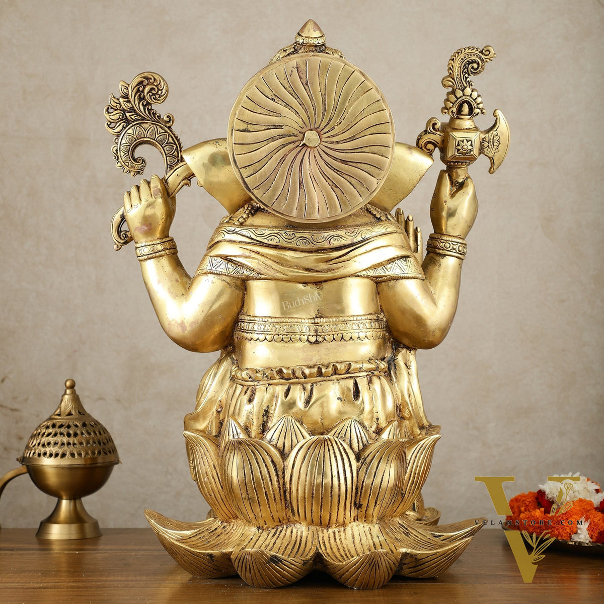 Unique Pure Brass Lord Ganesha Statue - Seated on Lotus, 22" Height