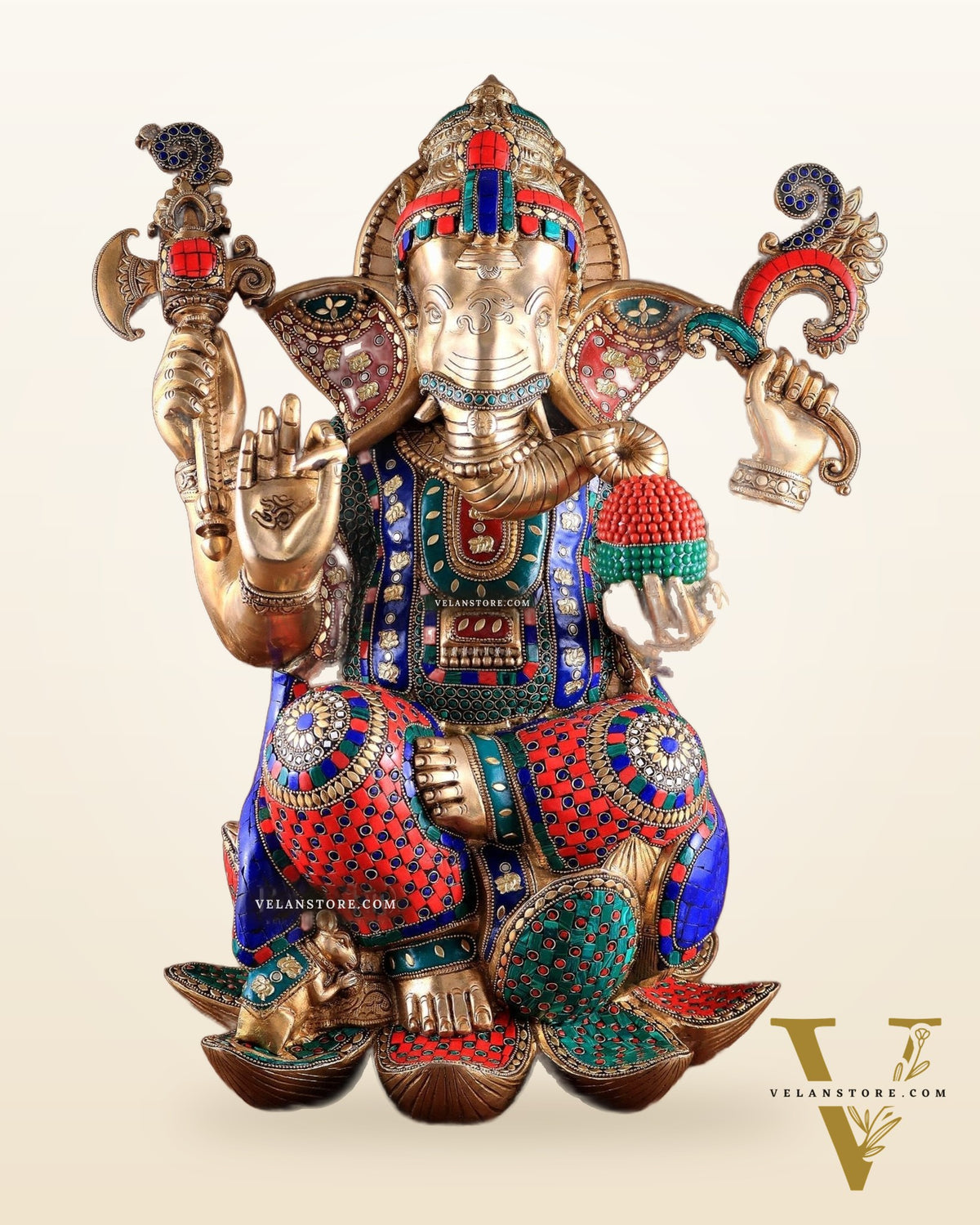 Unique Pure Brass Lord Ganesha Statue - Seated on Lotus, 22" with stonework