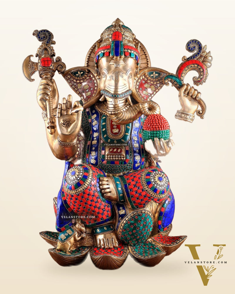 Unique Pure Brass Lord Ganesha Statue - Seated on Lotus, 22" with stonework
