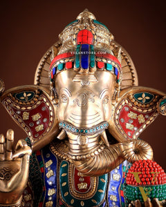 Unique Pure Brass Lord Ganesha Statue - Seated on Lotus, 22" with stonework