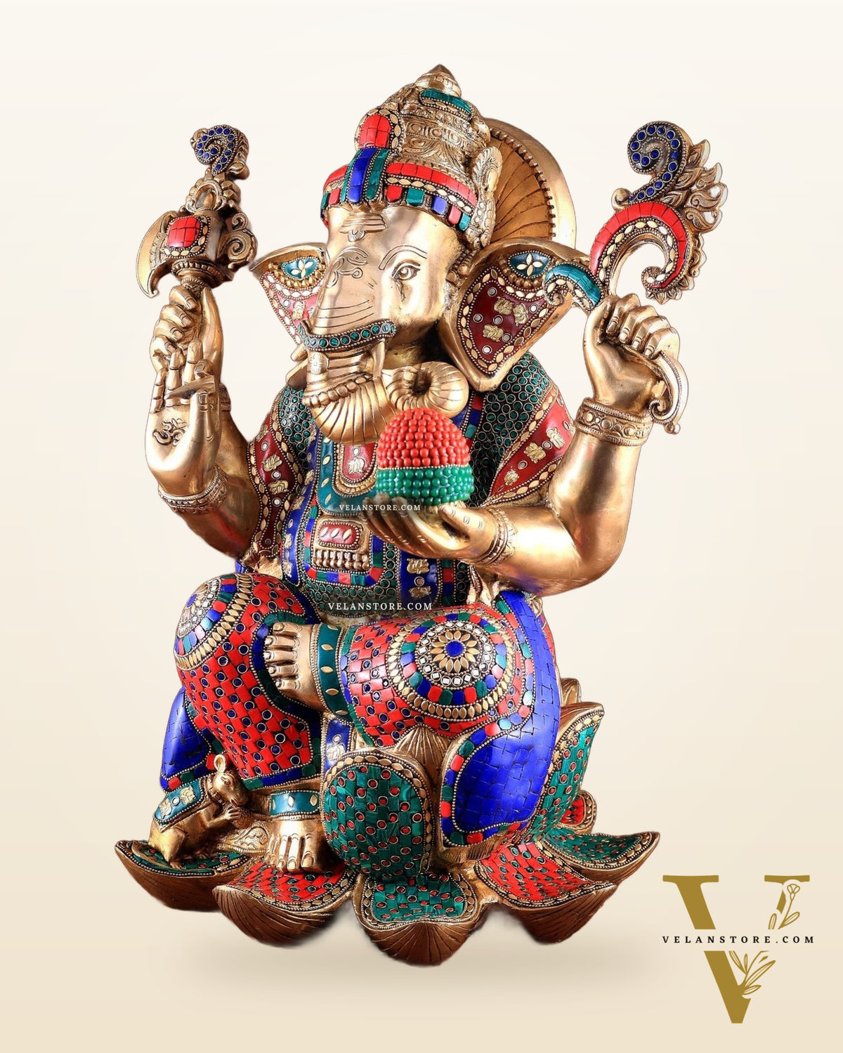 Unique Pure Brass Lord Ganesha Statue - Seated on Lotus, 22" with stonework
