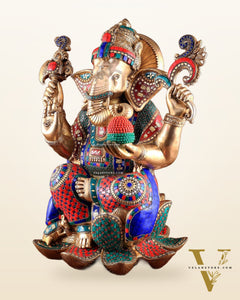 Unique Pure Brass Lord Ganesha Statue - Seated on Lotus, 22" with stonework