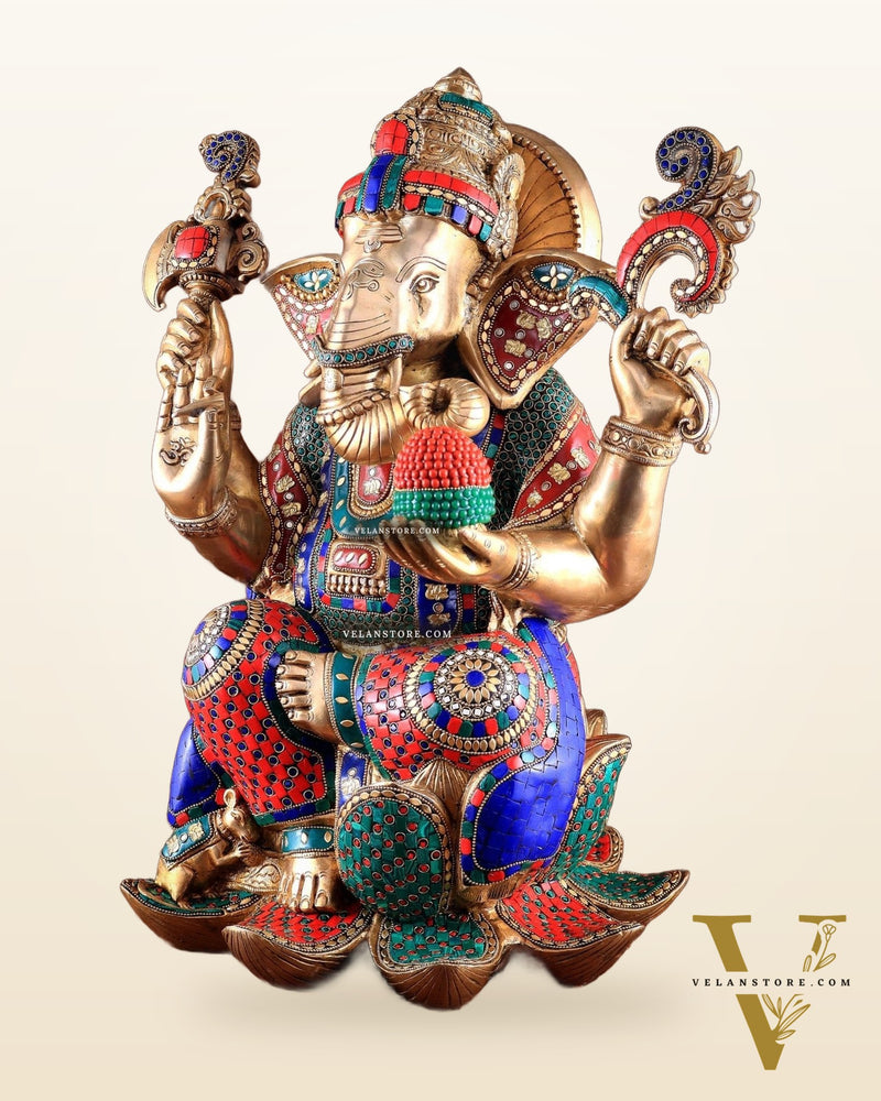 Unique Pure Brass Lord Ganesha Statue - Seated on Lotus, 22" with stonework