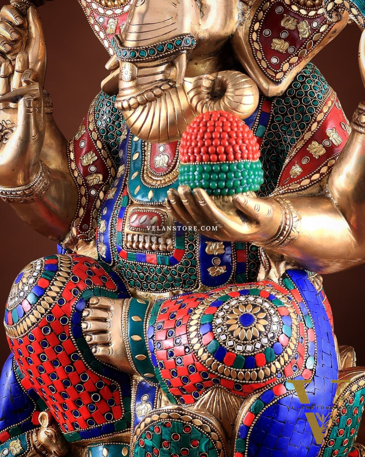 Unique Pure Brass Lord Ganesha Statue - Seated on Lotus, 22" with stonework