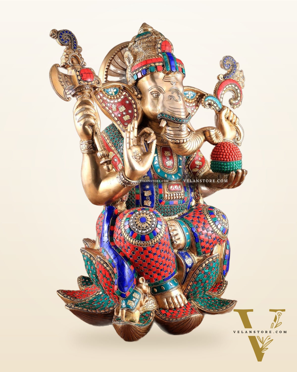 Unique Pure Brass Lord Ganesha Statue - Seated on Lotus, 22" with stonework