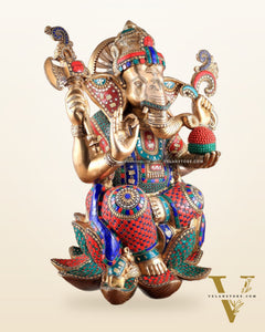 Unique Pure Brass Lord Ganesha Statue - Seated on Lotus, 22" with stonework
