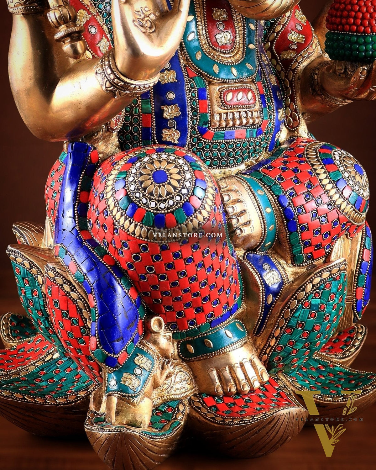 Unique Pure Brass Lord Ganesha Statue - Seated on Lotus, 22" with stonework