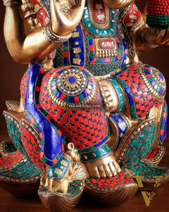 Unique Pure Brass Lord Ganesha Statue - Seated on Lotus, 22" with stonework