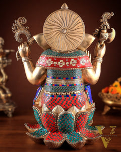 Unique Pure Brass Lord Ganesha Statue - Seated on Lotus, 22" with stonework