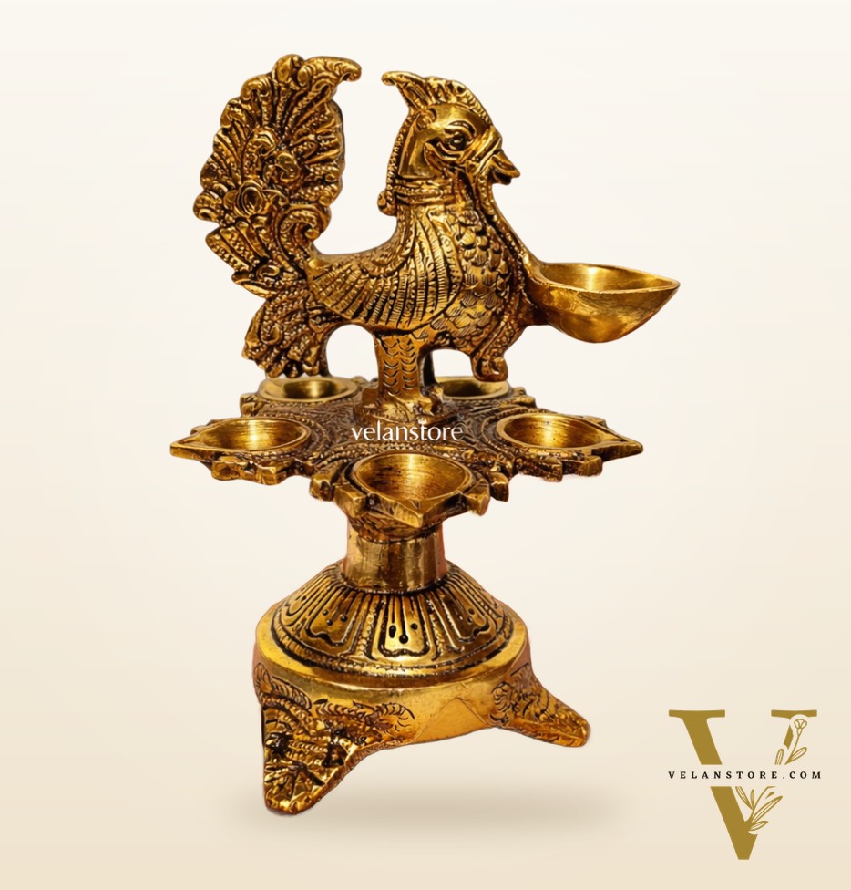 Unique Pure Fine Brass Annam Oil Deepam Lamp with 6 Diyas | Exquisite Home Temple Decor |