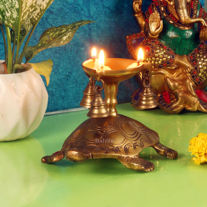 Unique Pure Fine Brass Tortoise Diya with Bells