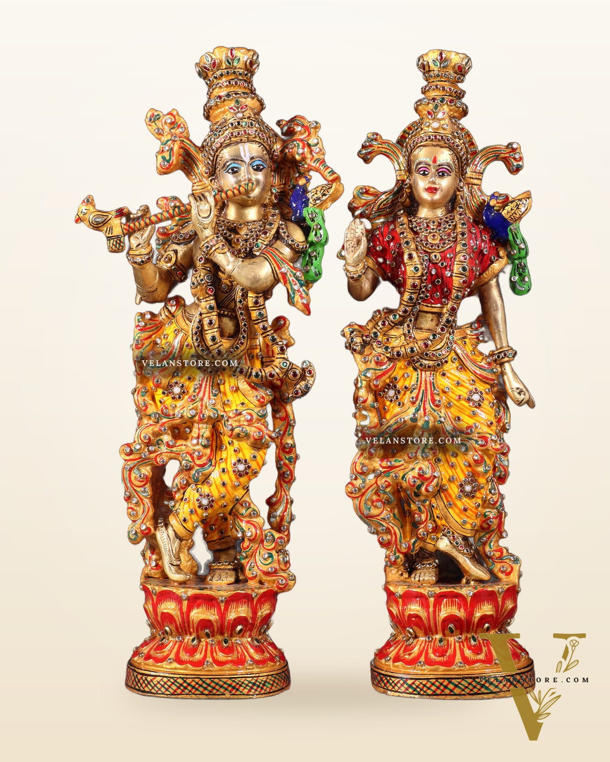 Unique Radha Krishna Brass Idol Pair with Meenakari Laakh Work 14"