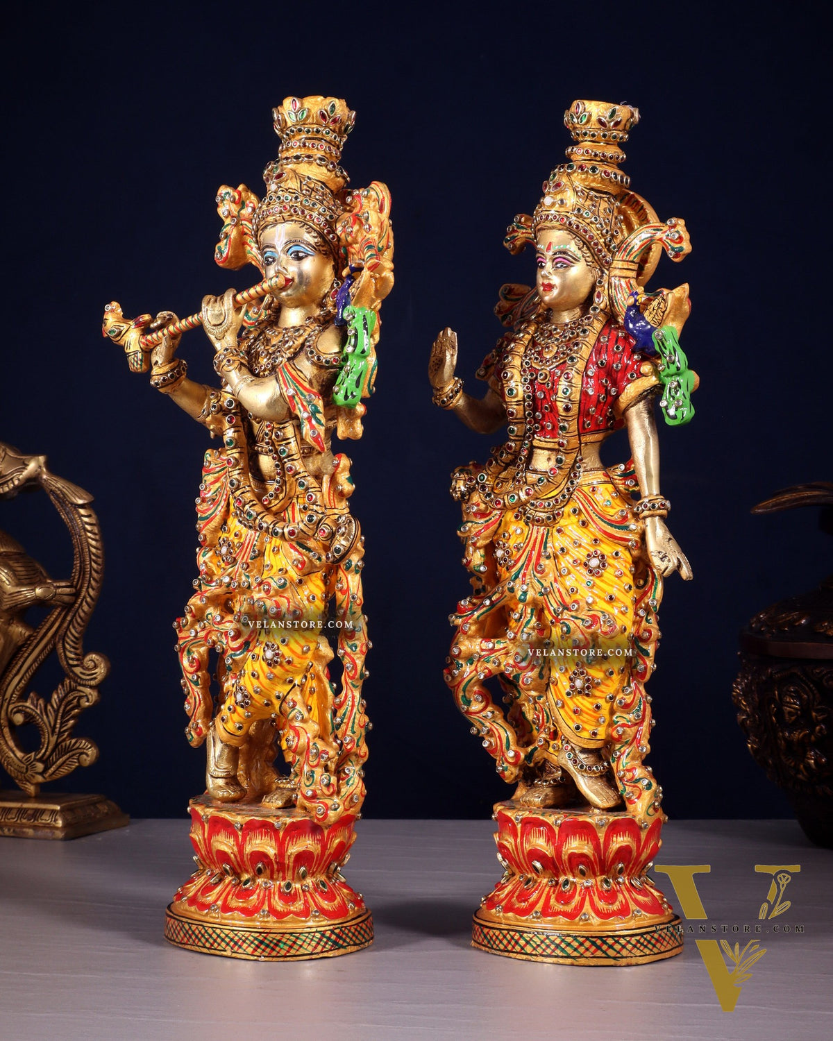 Unique Radha Krishna Brass Idol Pair with Meenakari Laakh Work 14"