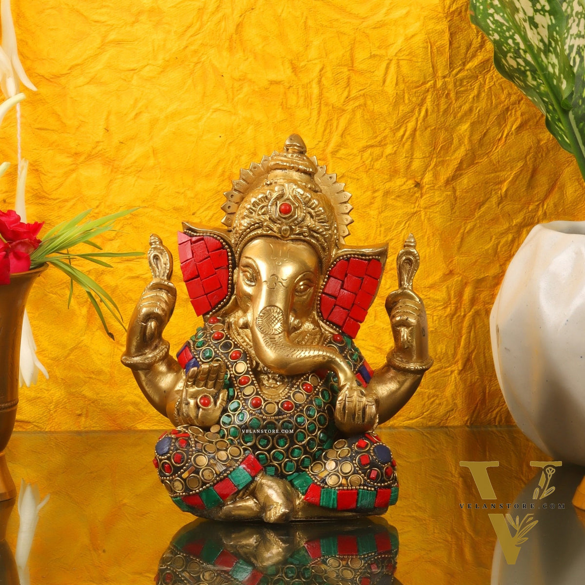Unique Taj Ganesha Brass Sculpture with meenakari stonework 6"