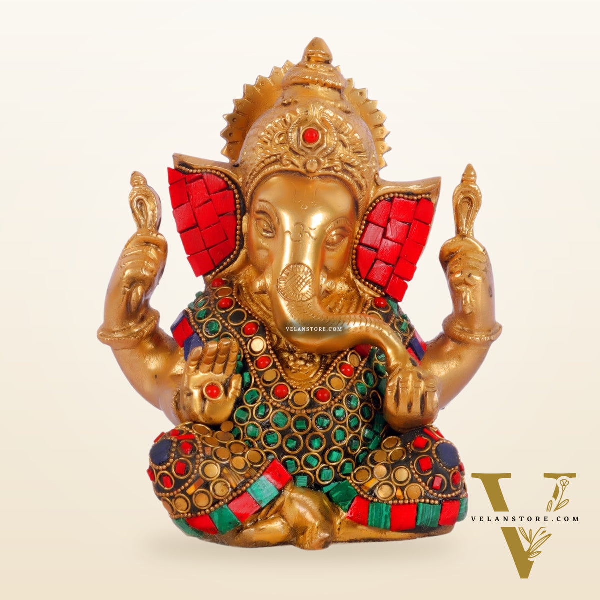 Unique Taj Ganesha Brass Sculpture with meenakari stonework 6"