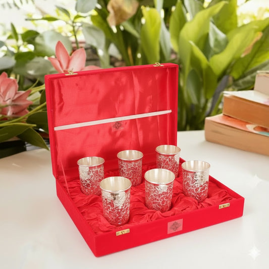 Silver Plated Embossed Design Glass Tumbler set of 6