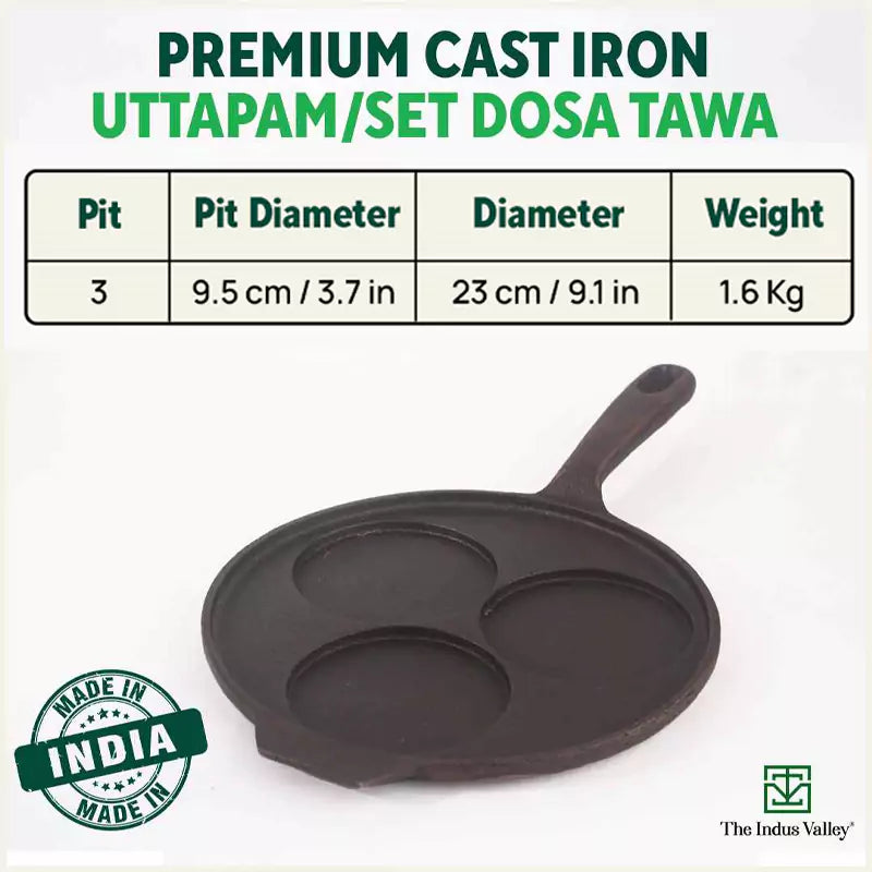 CASTrong Cast Iron Uttapam/ Set Dosa Tawa, 3 Pit, Pre-seasoned, 100% Pure, Toxin-free, Induction, 23cm