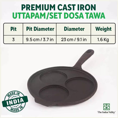 CASTrong Cast Iron Uttapam/ Set Dosa Tawa, 3 Pit, Pre-seasoned, 100% Pure, Toxin-free, Induction, 23cm