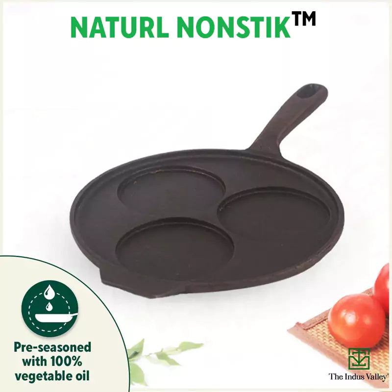 CASTrong Cast Iron Uttapam/ Set Dosa Tawa, 3 Pit, Pre-seasoned, 100% Pure, Toxin-free, Induction, 23cm